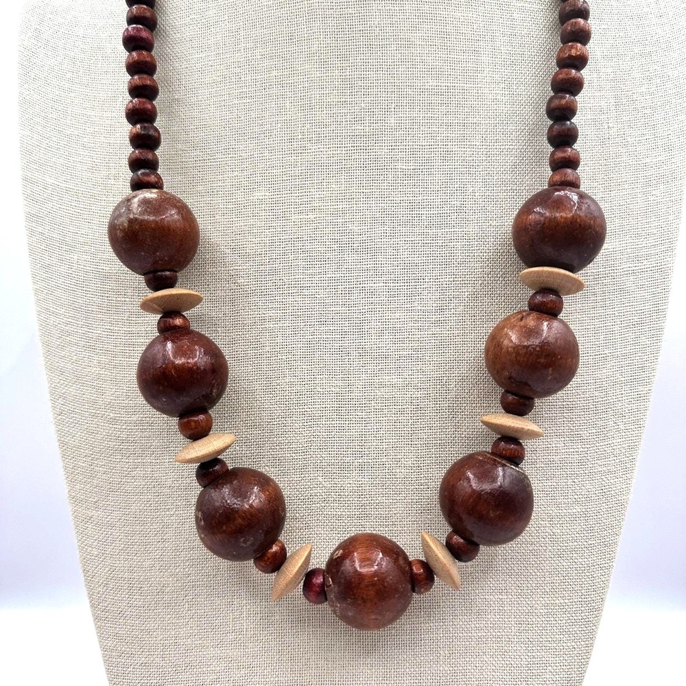 Vintage 90s Chunky Wood‎ Round Beads Necklace Brown Statement Graduated Jewelry